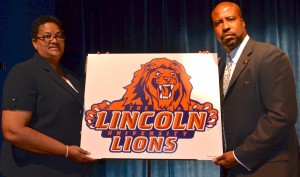 Athletics Director Dianthia Ford-Kee and Director of Communications & Public Relations Eric Christopher Webb pose with new The Lincoln University Athletics logo